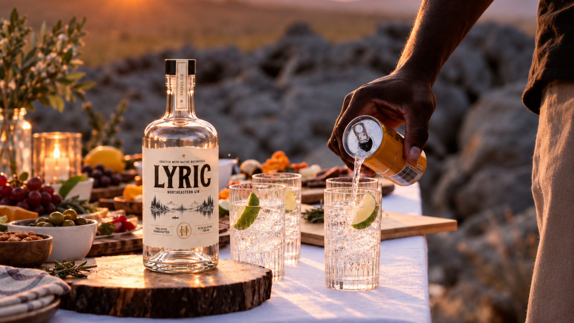 LYRIC Northeastern Gin served with tonic at a sunset gathering