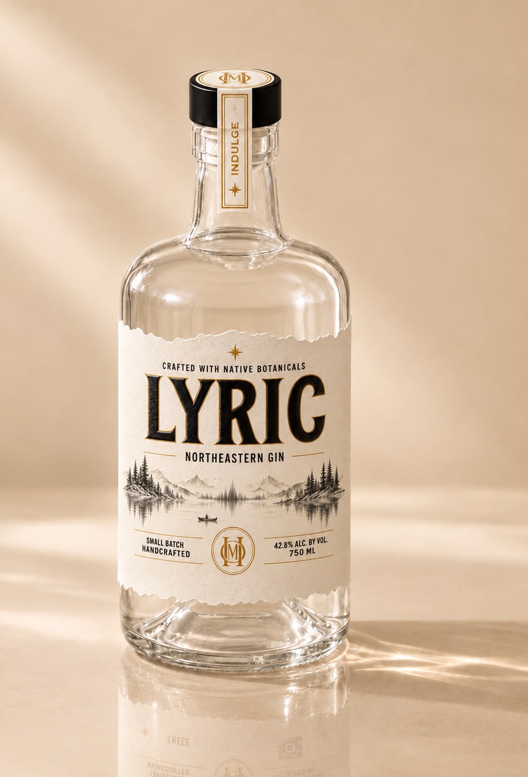 Bottle of LYRIC Northeastern Gin on a warm reflective surface