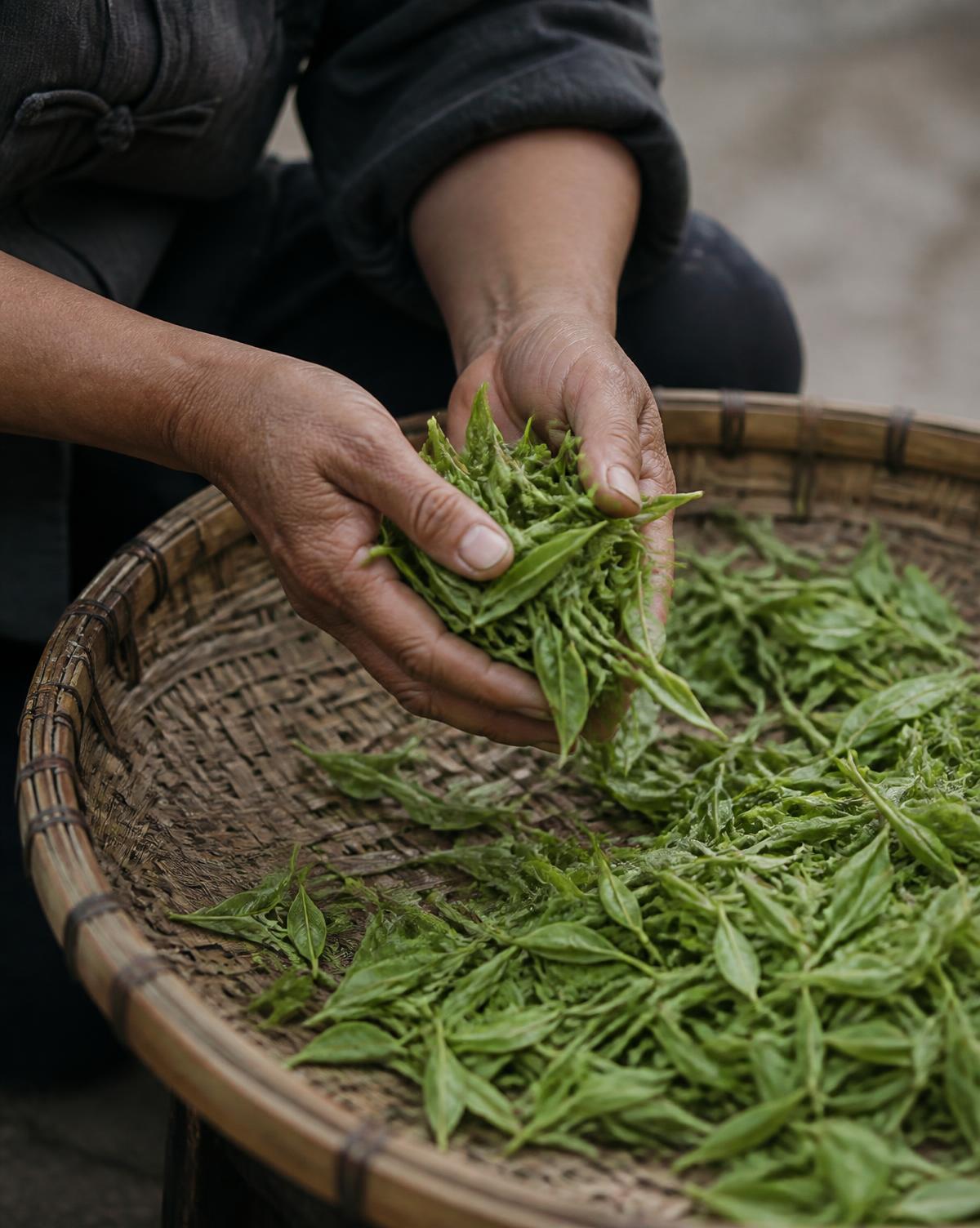 Hands sorting fresh leaves on a woven tray